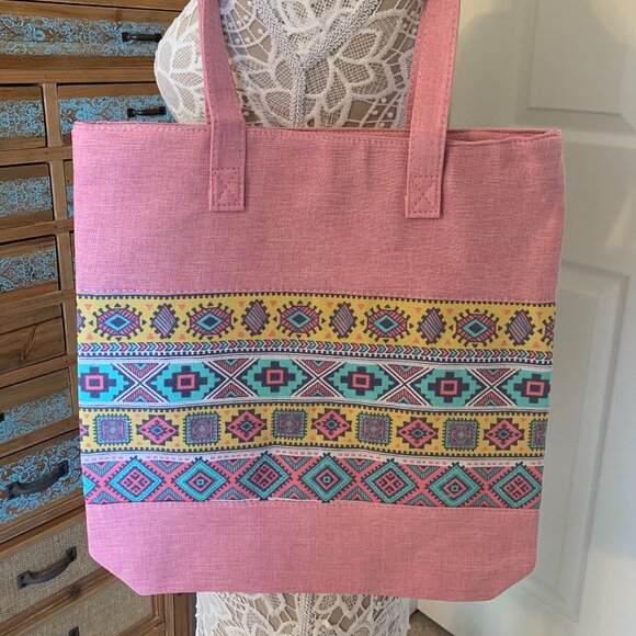 Tribal / Boho / Print Tote Bag - Pink Yellow Blue - Double Handle - NWT - Picture 5 of 7